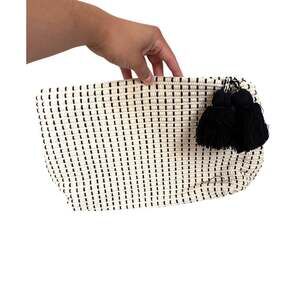 Zara Trafaluc Cream Black Woven Cotton Tassel Zip Clutch Bag Boho NEW